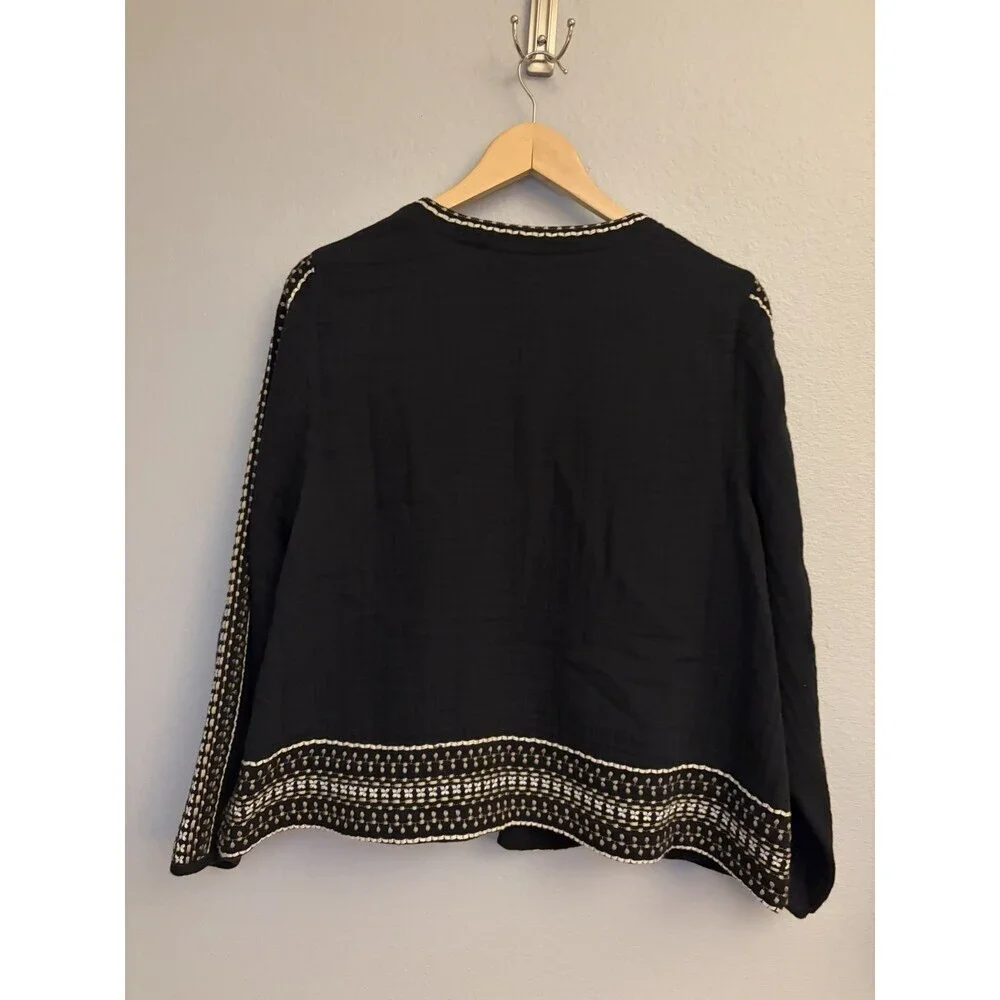 J Jill Black Cotton Gauze Jacket Open Embroidered Classic Boho Women’s Sz M